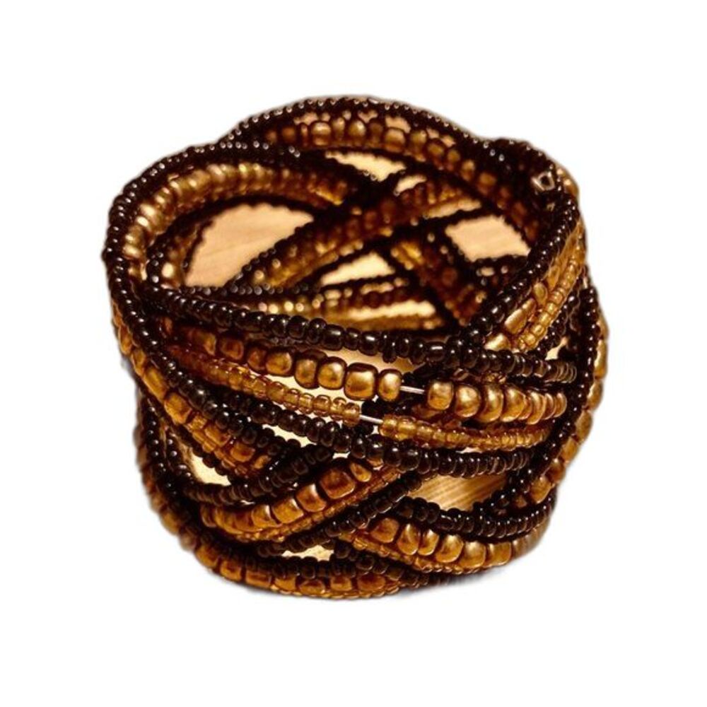 Beaded Cuff Bracelet Bronze and Black Stretch Adjustable